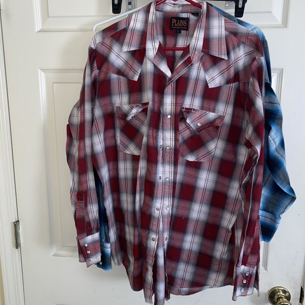 VTG 80s Plains Western Wear Pearl Snap Cowboy Shirt L Red Plaid